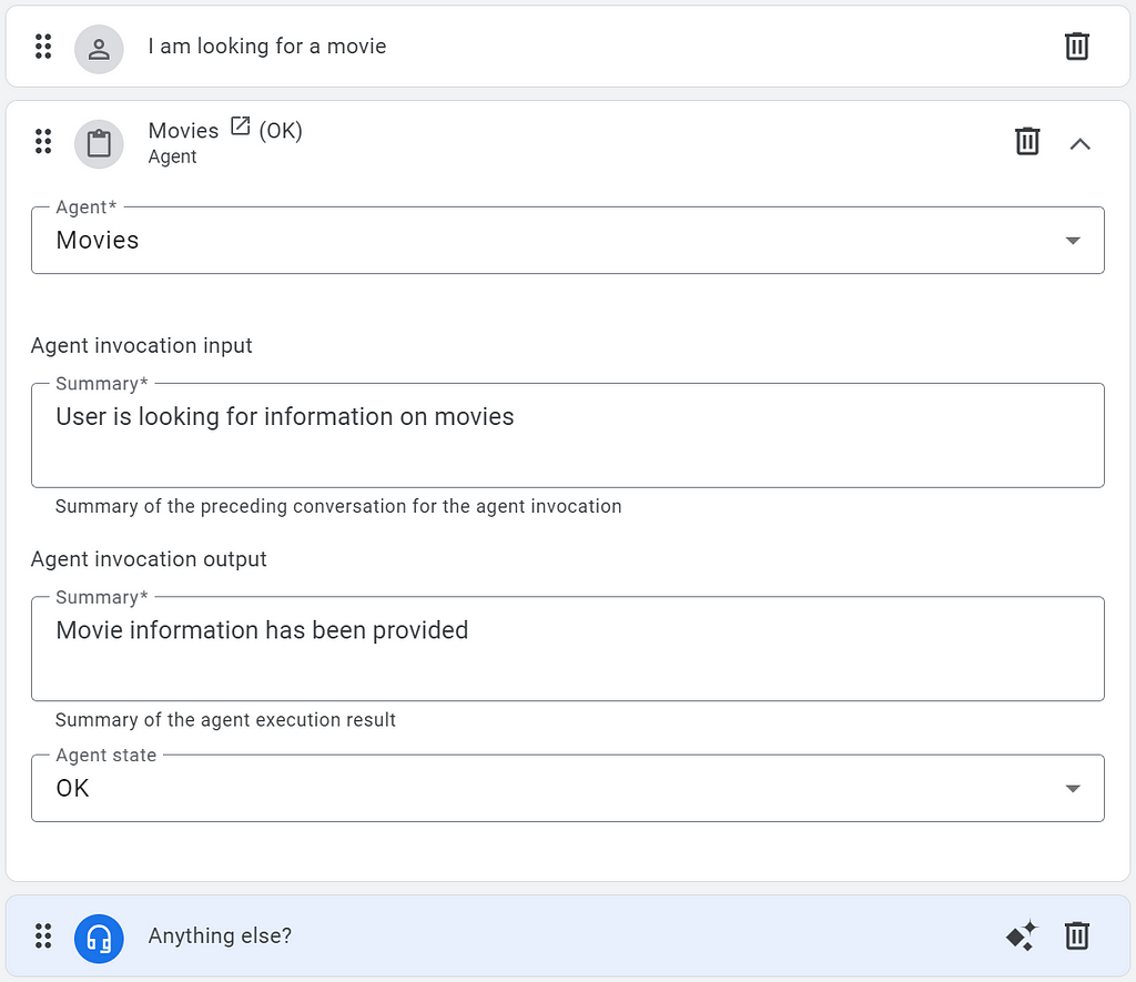 The example includes user input, an agent invocation action and an agent response as described in the preceding steps.