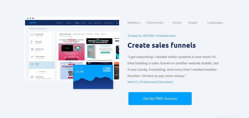 Feature of systeme.io | creating landing pages | Systeme.io review
