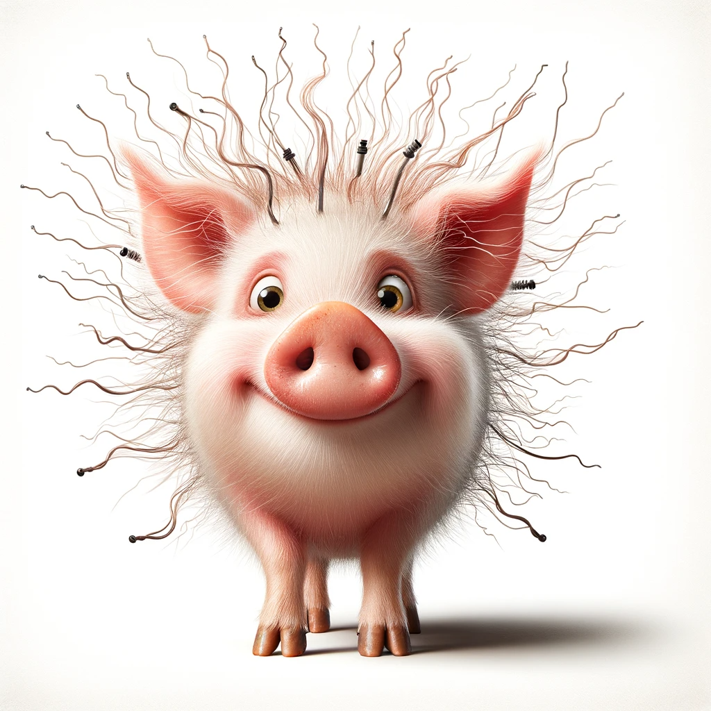 ChatGPT, DALL-E: A fun image of a pig with its sparse hairs standing on end due to static electricity.