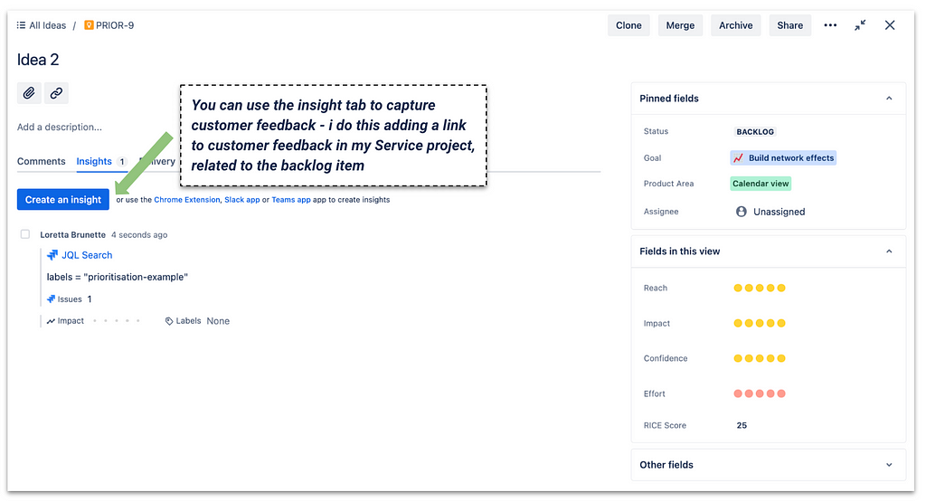 Backlog item with linked customer feedback