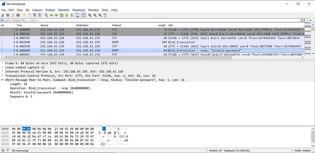 Wireshark reading a .pcap file for SMPP Protocol Troubleshooting