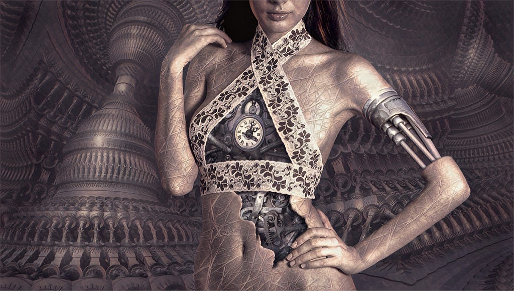 A piece of AI art with a scantly clad part woman part machine