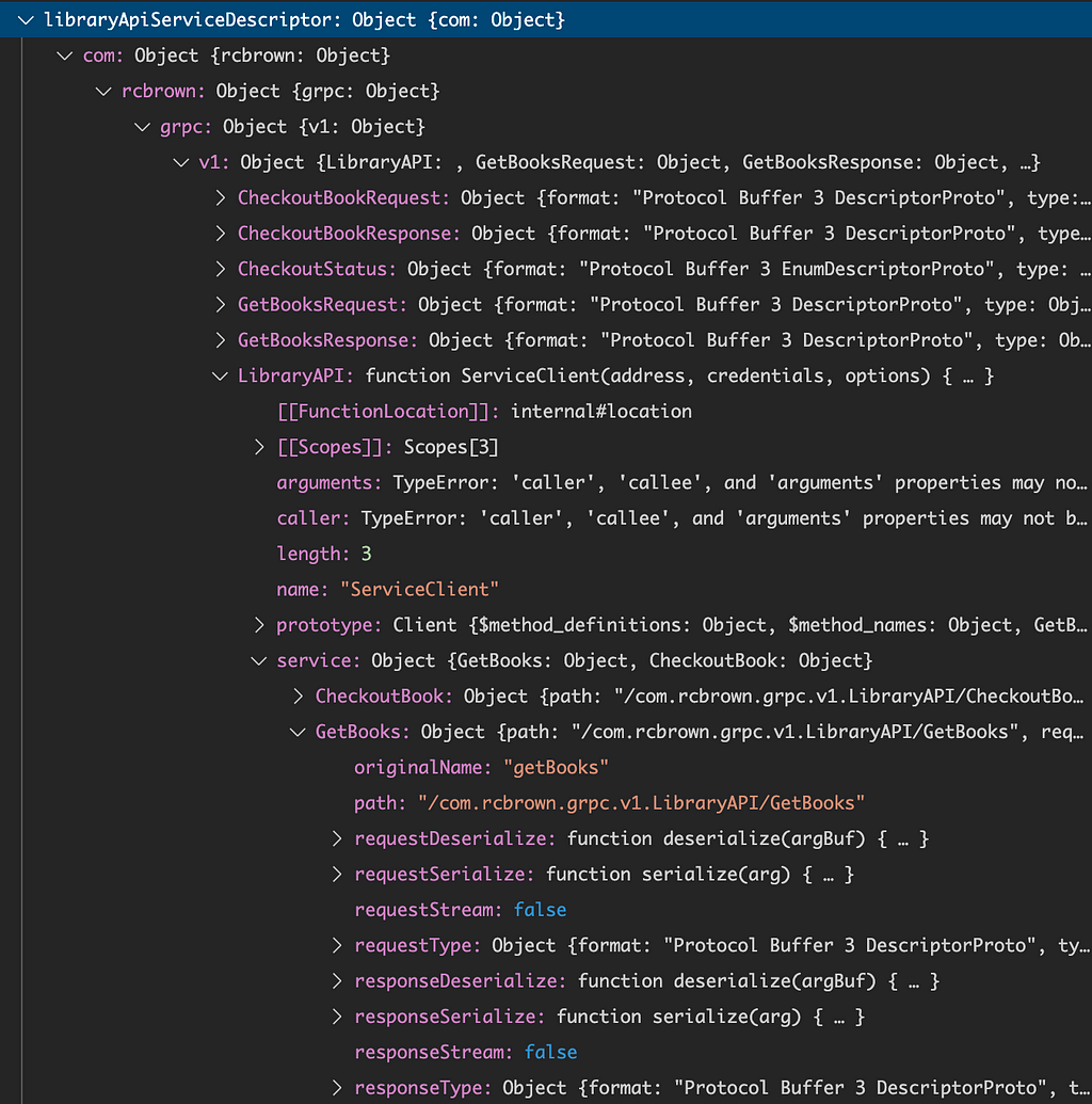 Debugger screenshot showing an object hierarchy like “com/rcbrown/grpc/v1/LibraryApi/service”