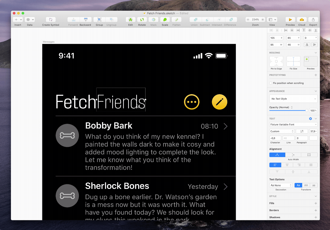 An animated screenshot showing the new variable fonts popover feature in Sketch 59.