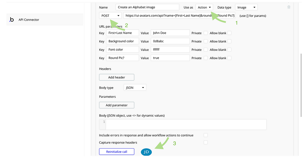 A picture of the API connector, showing final changes to the API call before initialising.