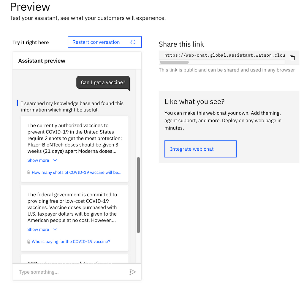 A screenshot of the assistant preview. On the left, there is a preview of a chatbot with a dialogue about COVID-19 vaccines. On the right, there is an option to copy a link and an option for integrating the web chat.