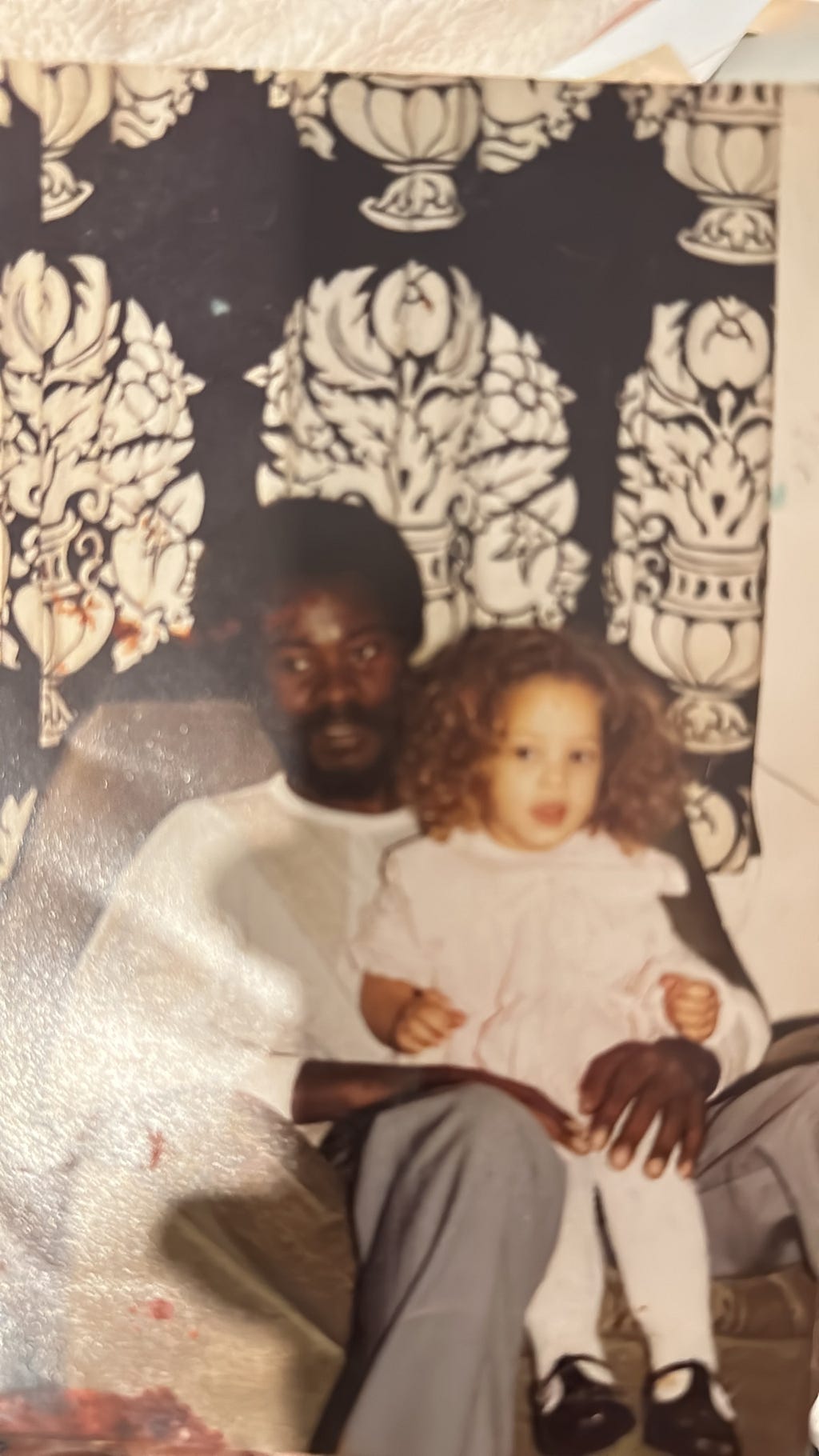 The author as a toddler sits on the lap of her father. The author is a racially ambiguous little girl with long curly, loose hair. Her dark skinned Black father has a short afro.