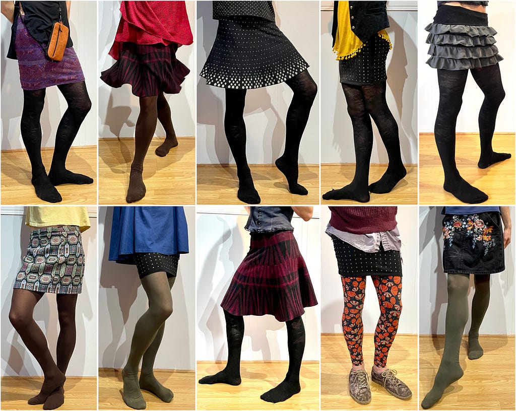 Grid of 10 pics of my lower half. Top row: Purple skirt, orange sling bag, black tights; Black/red skirt, spinning with long red shirt, brown tights; Black skirt w/ white dots, black tights; Black mini-skirt, long yellow shirt, black vest/tights; Frilly grey mini-skirt, black tights. Bottom row: Vintage blue/red/green pattern, yellow shirt, brown tights; black mini-skirt, blue tunic; red/black skirt; black mini-skirt, red umbrella tights, long purple shirt; thick black flower skirt, green tights