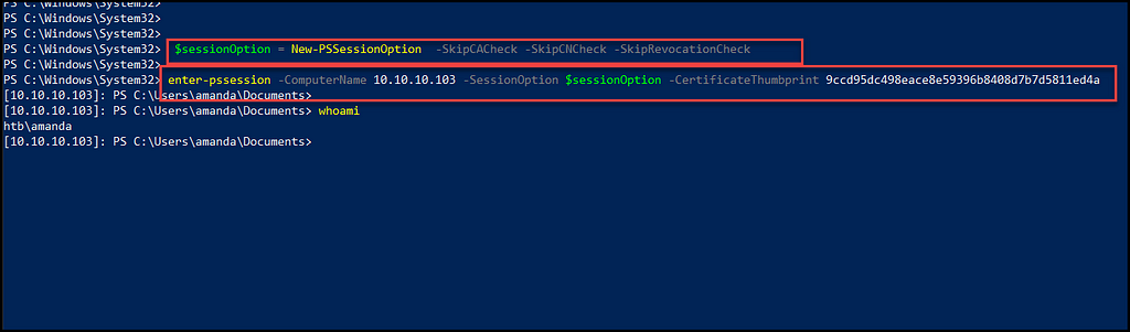 Figure 22 -shows authenticating to the remote machine using the imported certificate over WinRM. r3dbuck3t.