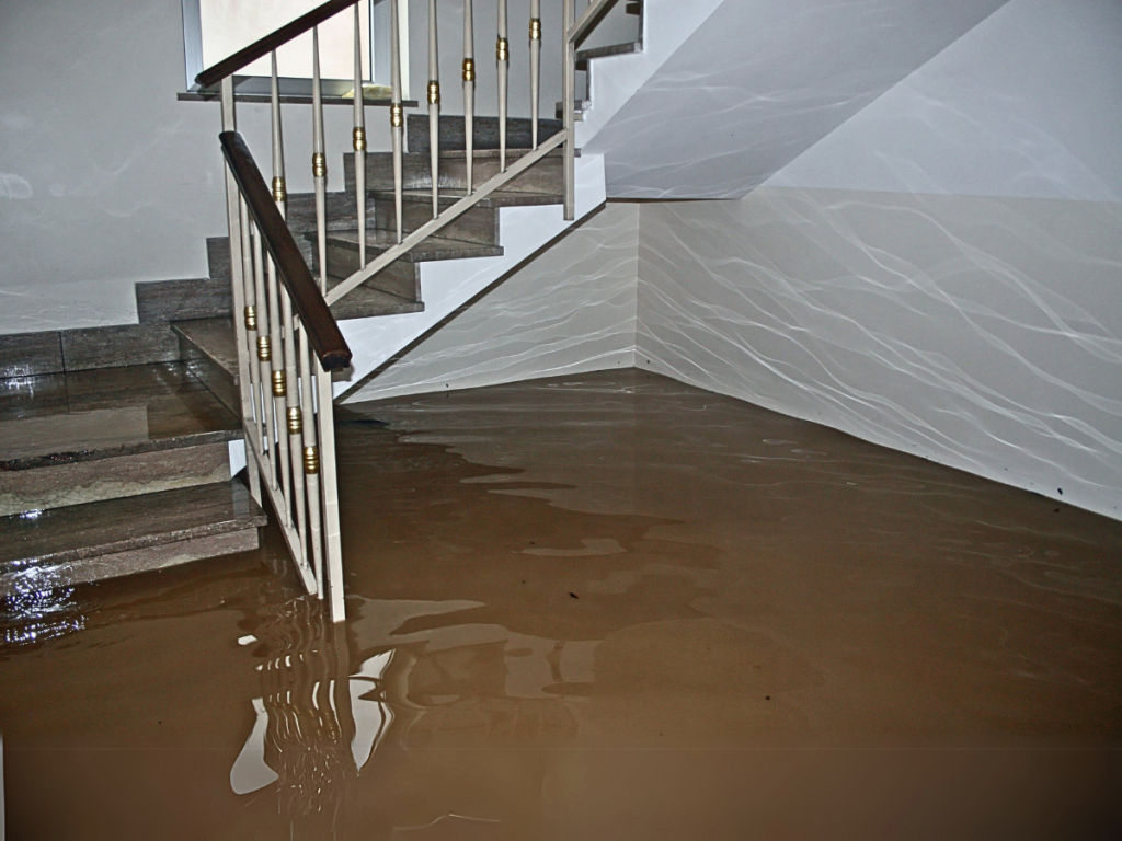 Staircase flooded after heavy rains causing water damage and certain mold growth
