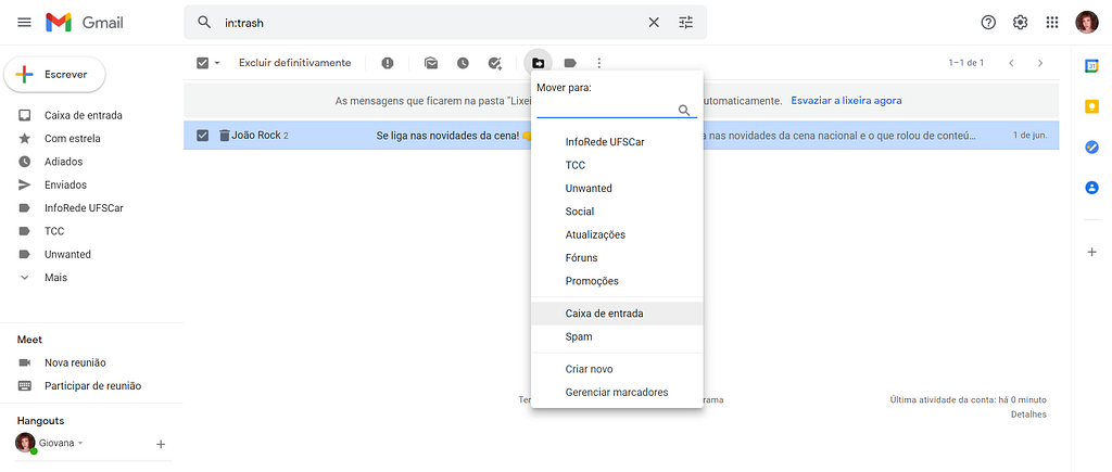 Página de lixeira do Gmail com um e-mail que foi excluído, o e-mail está selecionado e o menu “Mover para” está aberto, indicando que será movido novamente para a caixa de entrada