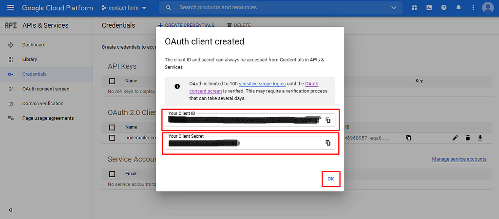 Google Cloud screen showing your client ID and client secret