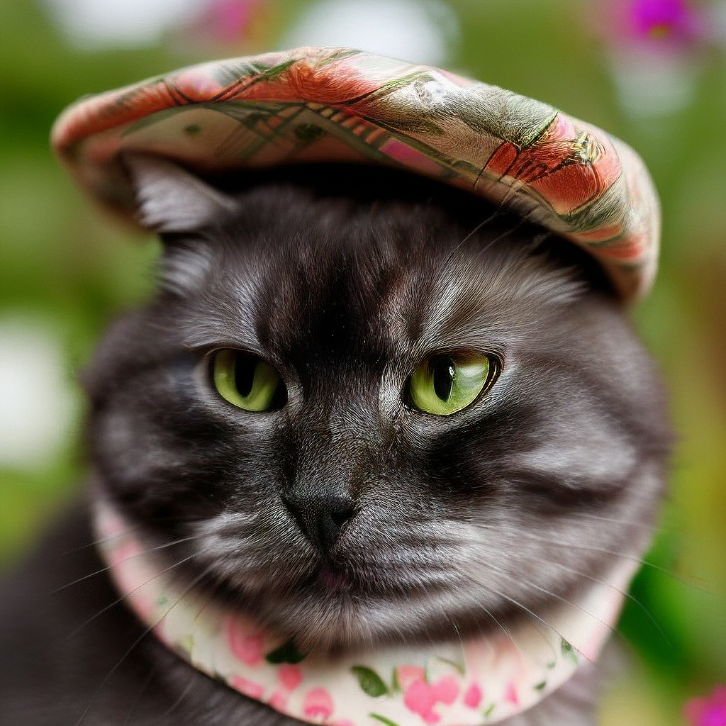 A cute and curious cat is enjoying the outdoors, sporting a funny hat while surrounded by lush green grass.