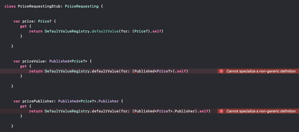 Image of Xcode showing the PriceRequestingStub class generated by Cuckoo with errors: “Cannot specialize a non-generic definition”.