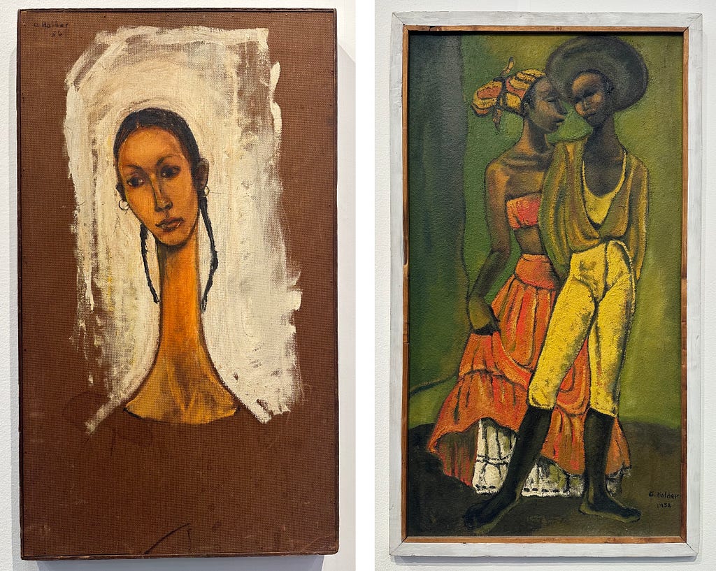 Left: Painted portrait of head of Carmen de Lavallade. Right: Two calypso dancers.