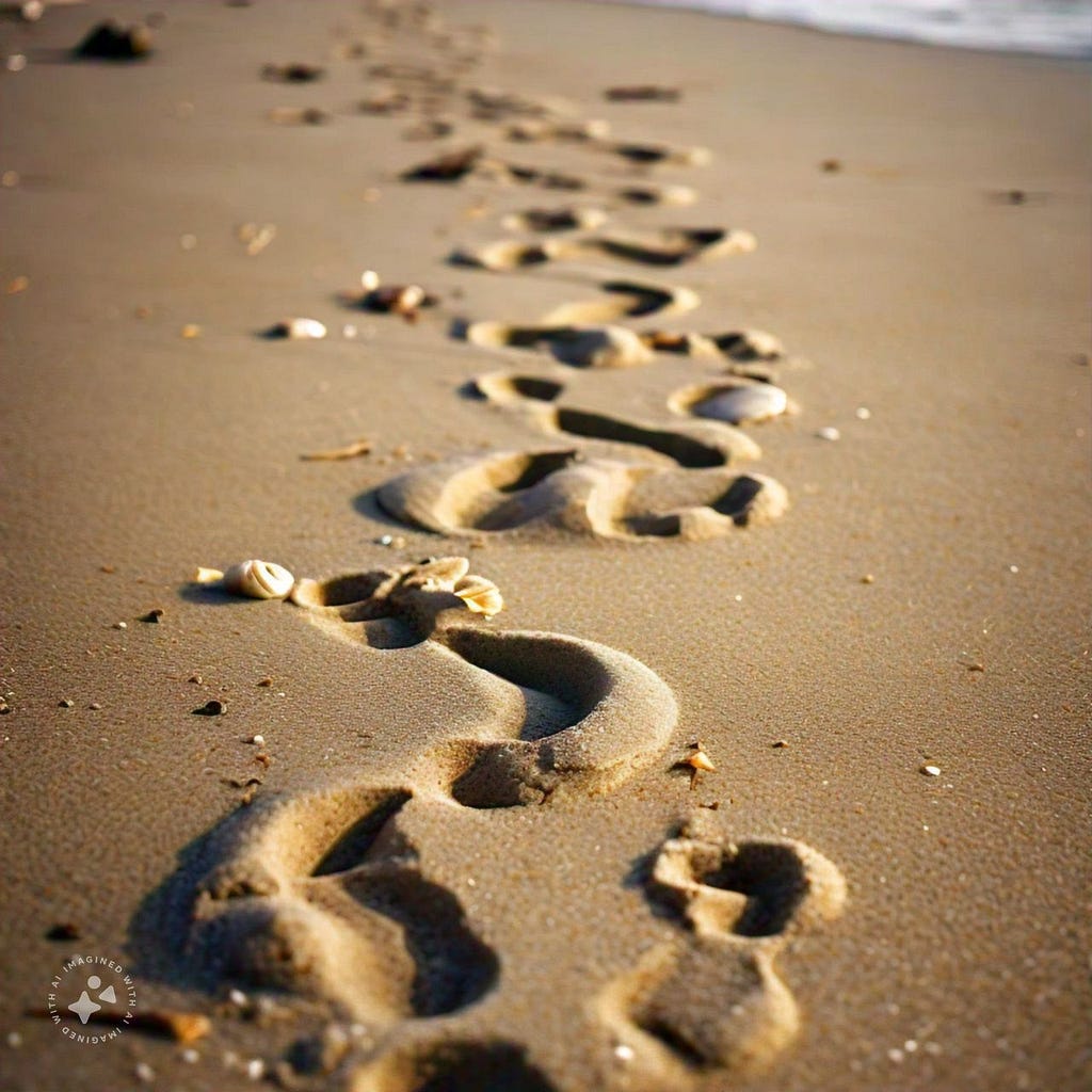 The image depicts a series of footprints on the beach, showcasing the journey of growth and progress. Starting from the left, the footprints begin small, representing a child’s tiny feet, and gradually increase in size as they move towards the right. The smallest footprints have a tentative, faltering quality, while the larger ones become more confident and bold. The footprints lead to a large, adult-sized footprint at the far right, symbolizing the transition from childhood to adulthood. The be