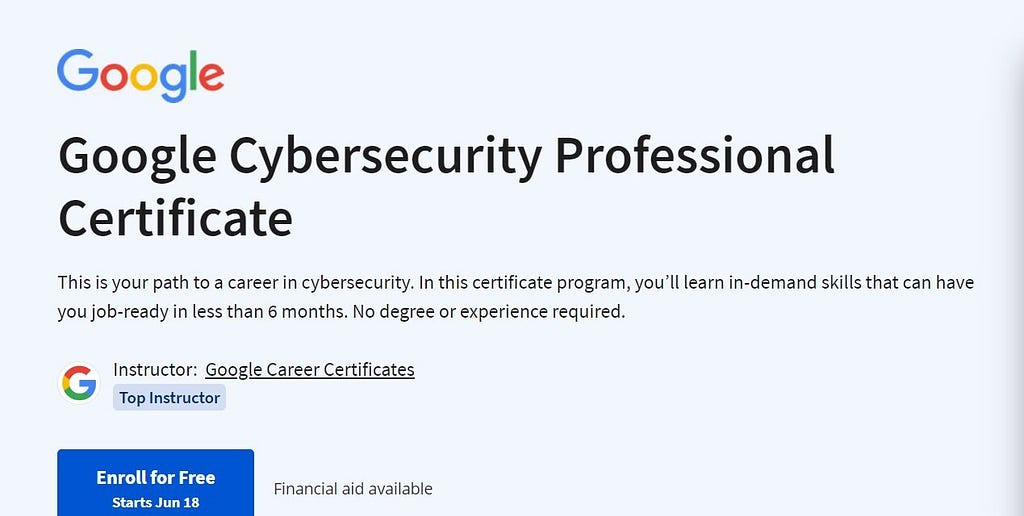 Google cybersecurity certificate on coursera starts june 18