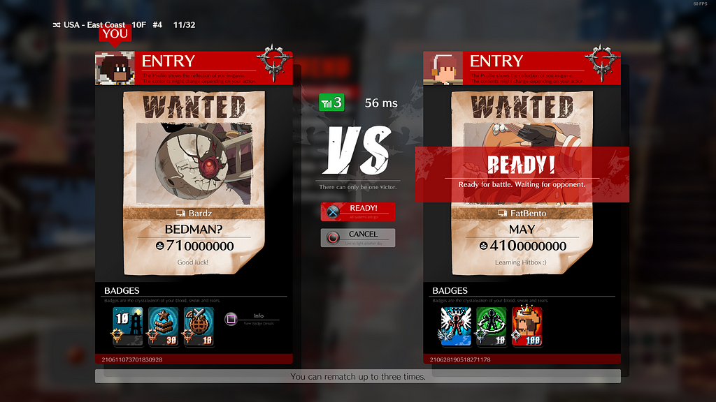 A versus screen that depicts both opponents in a wanted poster. The opponents are Bedman? and May. The May player has already accepted the match.