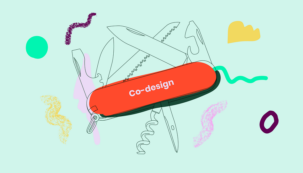 A colourful sketch of a swiss army knife with ‘co-design’ label. Green, pink, red and yellow squiggles and shapes.