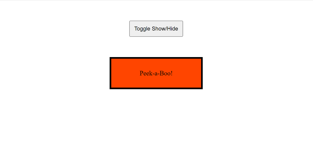 Initial HTML with CSS styles applied; a large button above an orange box