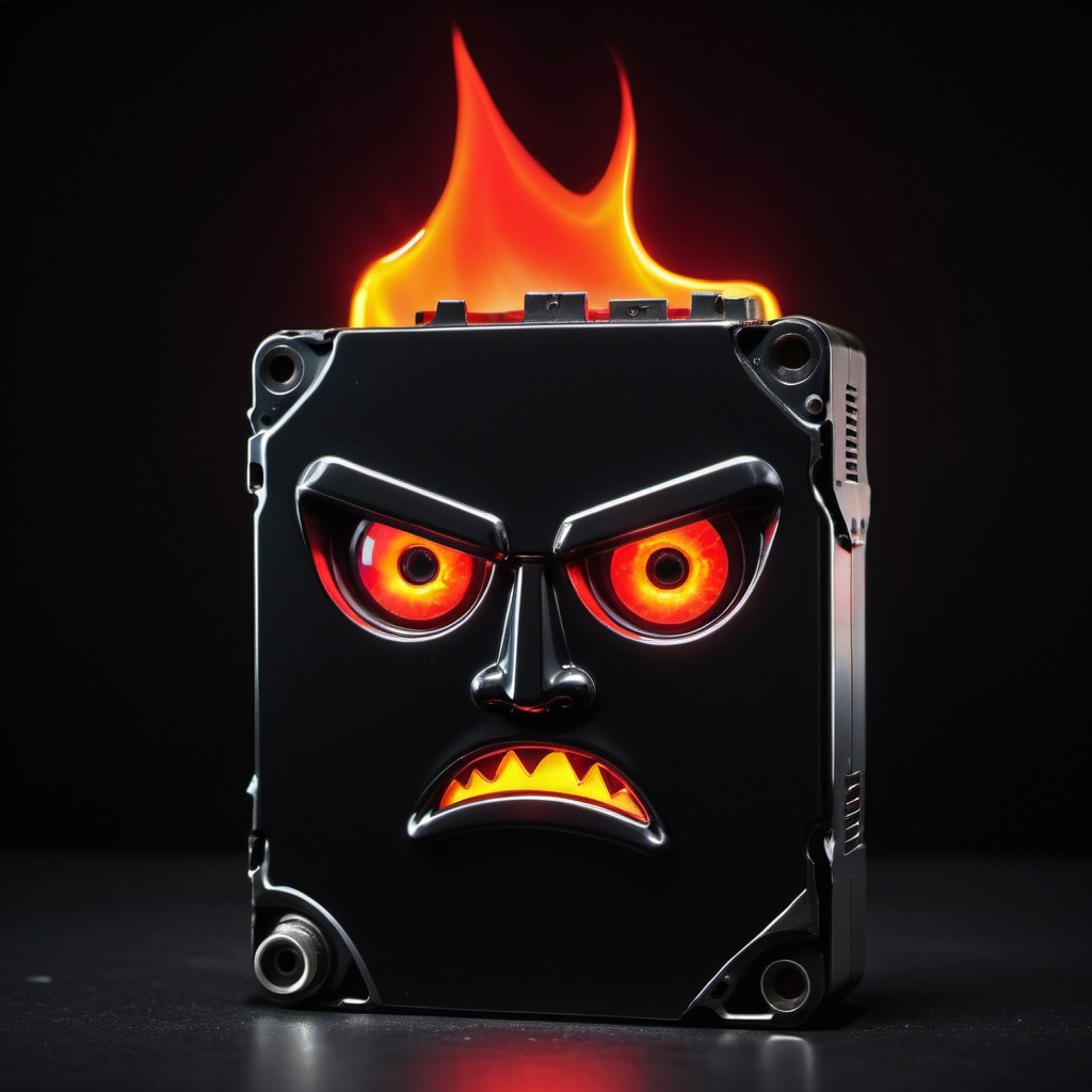 An angry-looking hard drive with flames coming out of the top sits in a dark room on a shiny surface