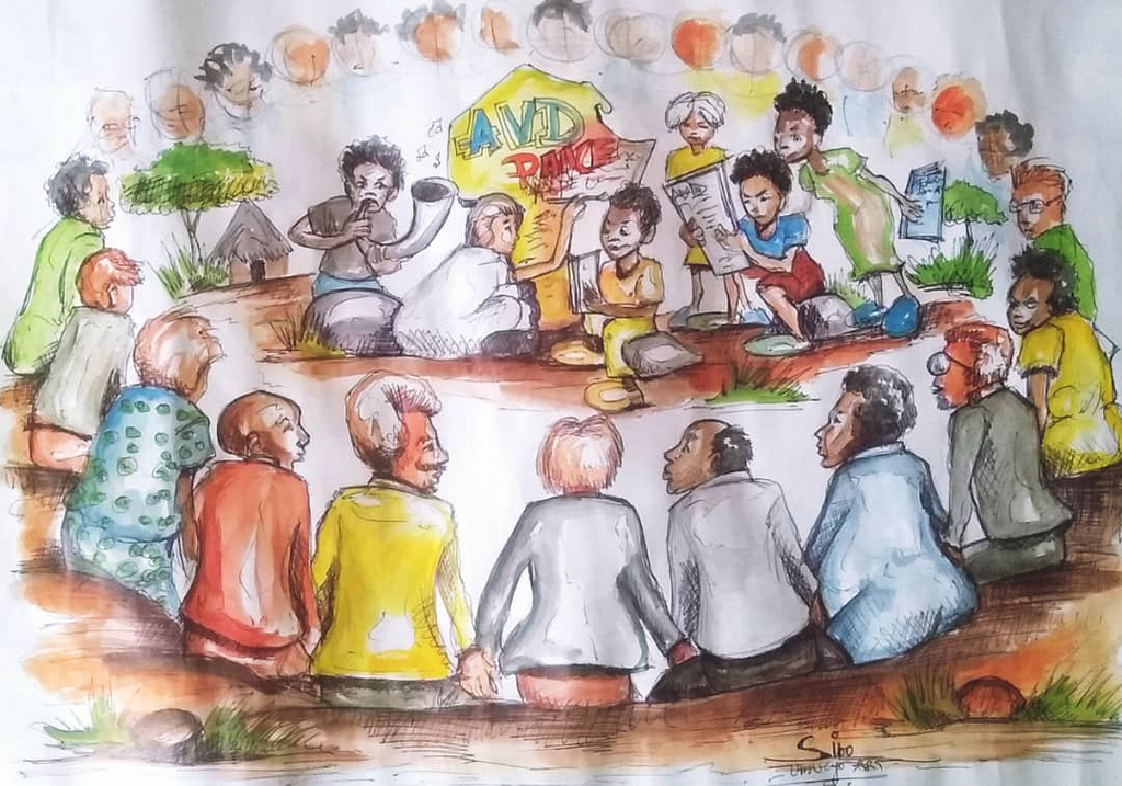 Artist’s impression of the Africa Voices Dialogue experience — Sept 2022. Artist: Sibumugishe Jean Damascene — Umucyo Art, Nakivale Refugee Camp, Uganda