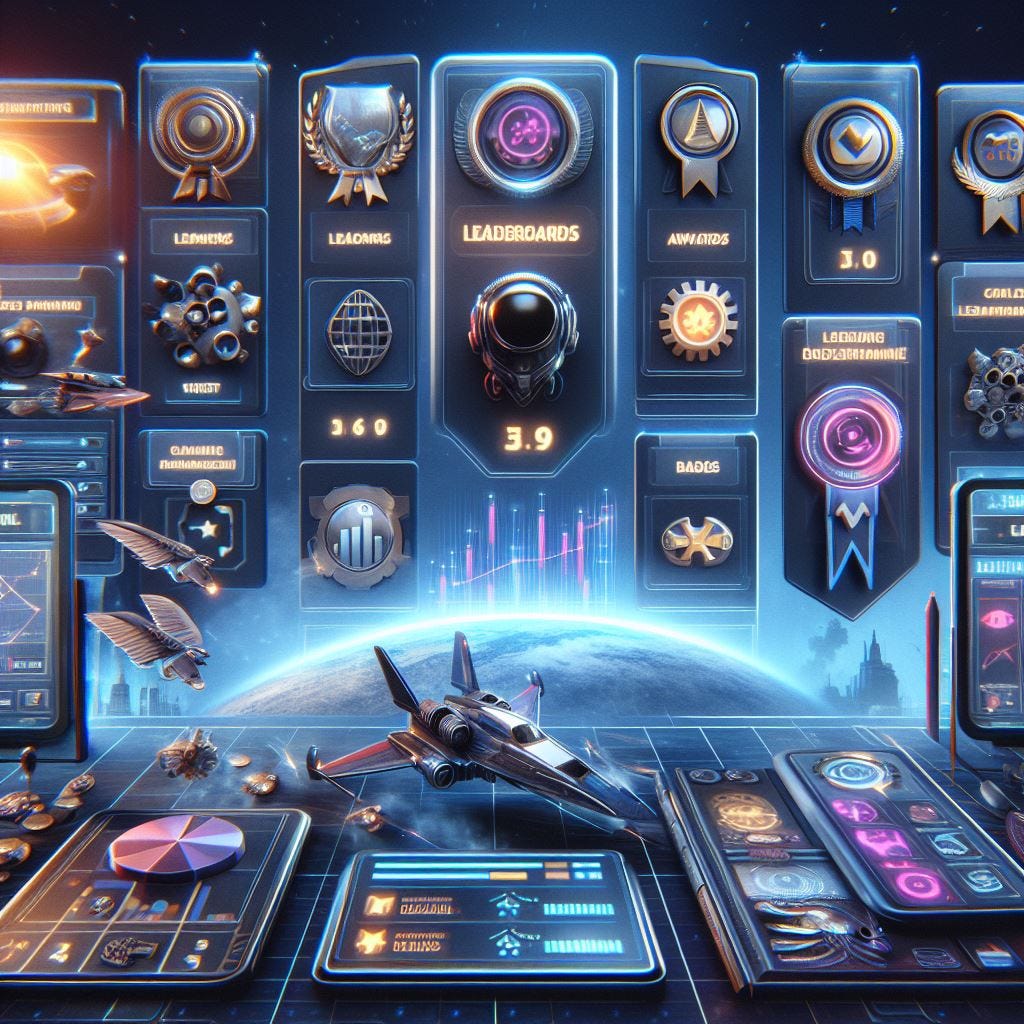A user interface for a game-based platform displaying a spaceship in outer orbit with awards, badges, levels, graph progression of performance, and leaderboard positions.