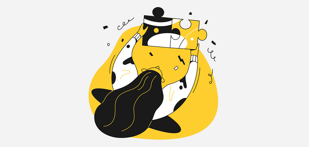 Ilustração de uma garota de cabelos escuros montando um quebra-cabeças preto e amarelo