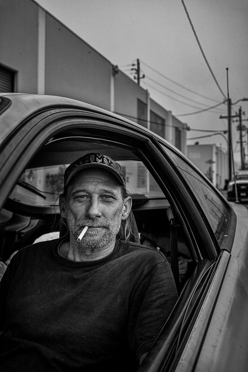 Rankin near Custer on the edge of the Bayview section of San Francisco. Car dweller Kurt Shuptrine, 55 and a vet parks his car here because he can see the water.