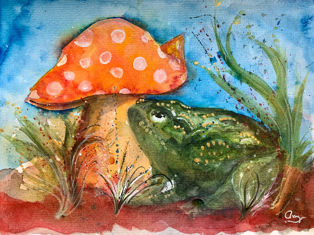 Watercolor painting of a toad and toadstool