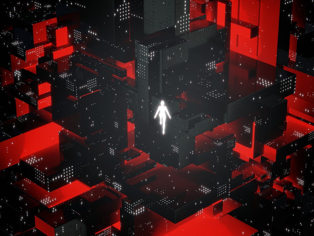 Glowing figure levitating above a futuristic city