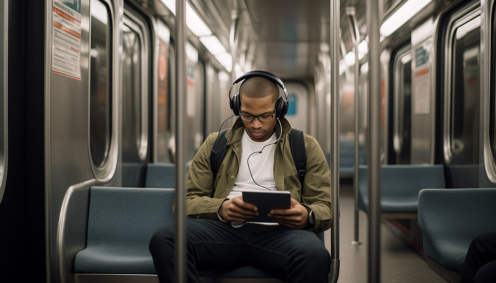 man listening to headphones and reading an e-book in a subway car