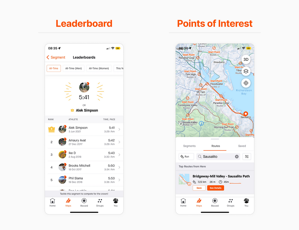 Screenshot showing Strava’s Leaderboard and Points of Interest Features