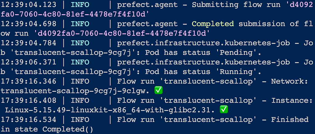 terminal output screenshot showing flow ran