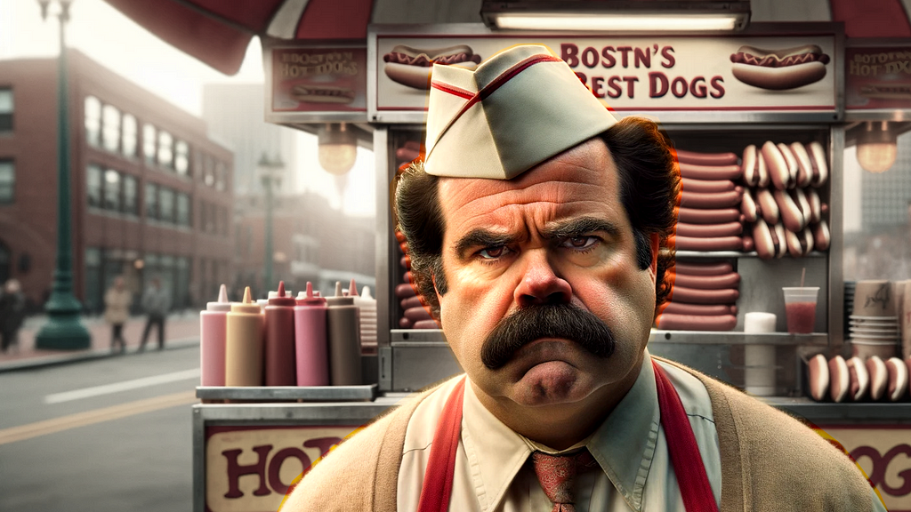 A grumpy Boston hotdog vendor.