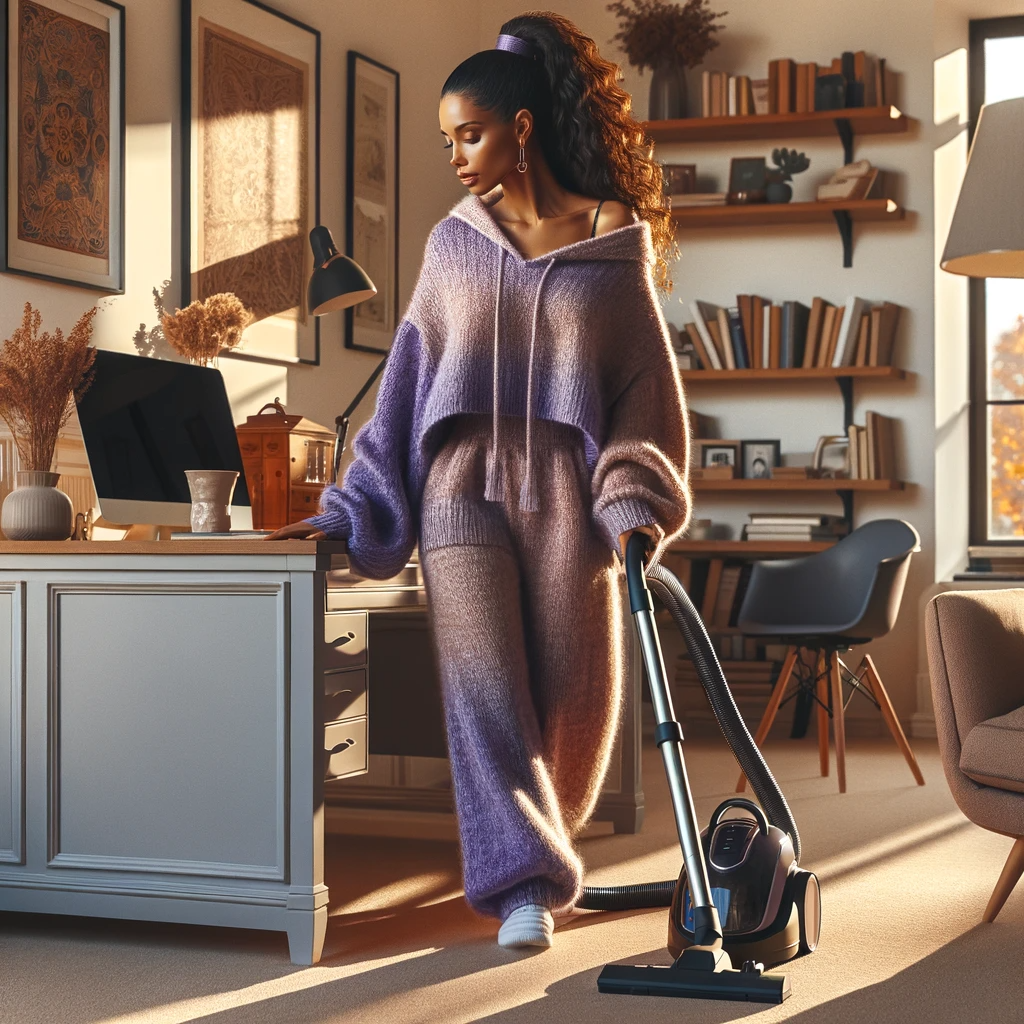 A woman in her 40s vacuuming the floor of a sunlit, neatly organized home office, surrounded by books and inspirational art.