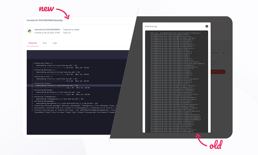 Full-screen (new) vs. modal (old) display of execution logs in the Appwrite console