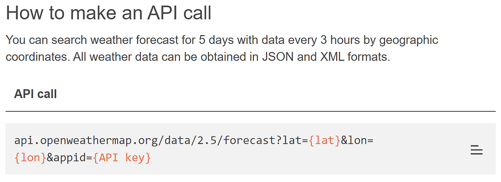 Screenshot of OpenWeather’s “How to make an API call”