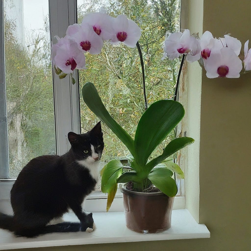 Black cat standing near orchids plant