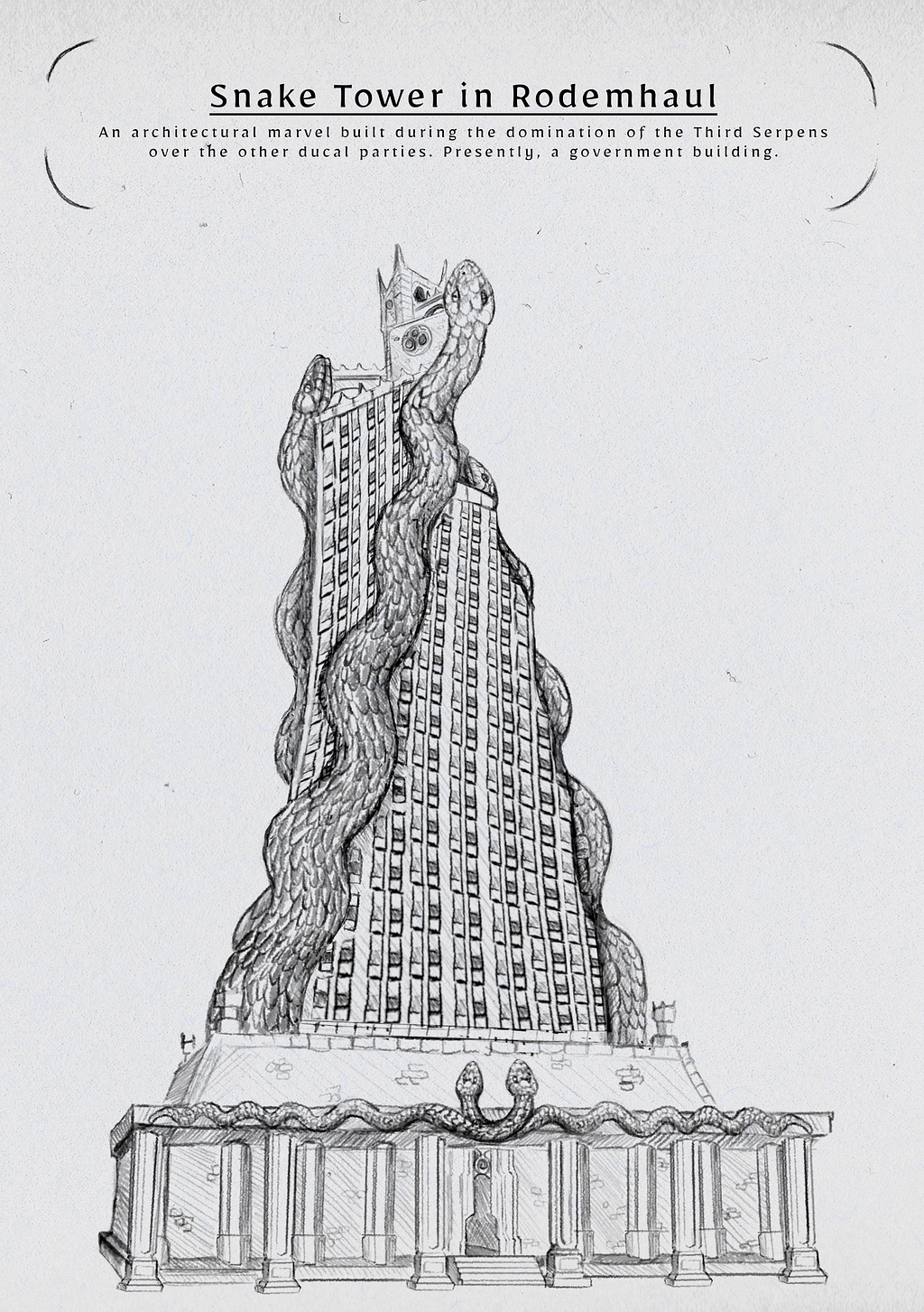A sketch from inside of “The Visionary” book, depicts a snake tower, a skyscraper.