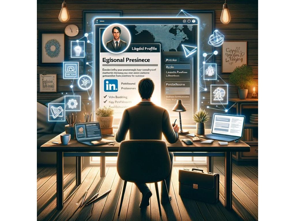 A professional updates their LinkedIn profile on a laptop, surrounded by personal branding elements, emphasizing the creation of a strong online persona for job search success.