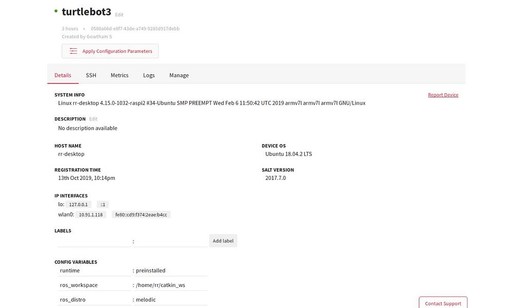 The green coloured dot indicates that the physical TurtleBot3 is now successfully registered with rapyuta.io platform.