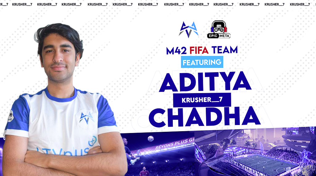 A photo of Aditya, M42 Esports FIFA team athlete. The logo of M42 Esports and Epic Meta can be seen
