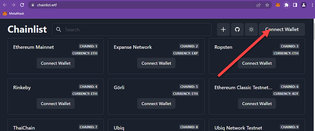 Connecting your wallet to chainlist