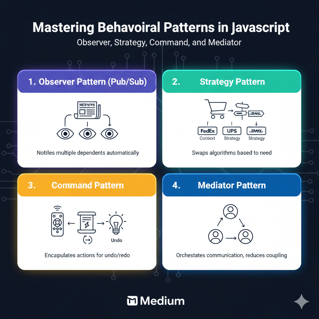 Mastering Behavioral Patterns in JS: Observer, Strategy, Command, Iterator, and Mediator