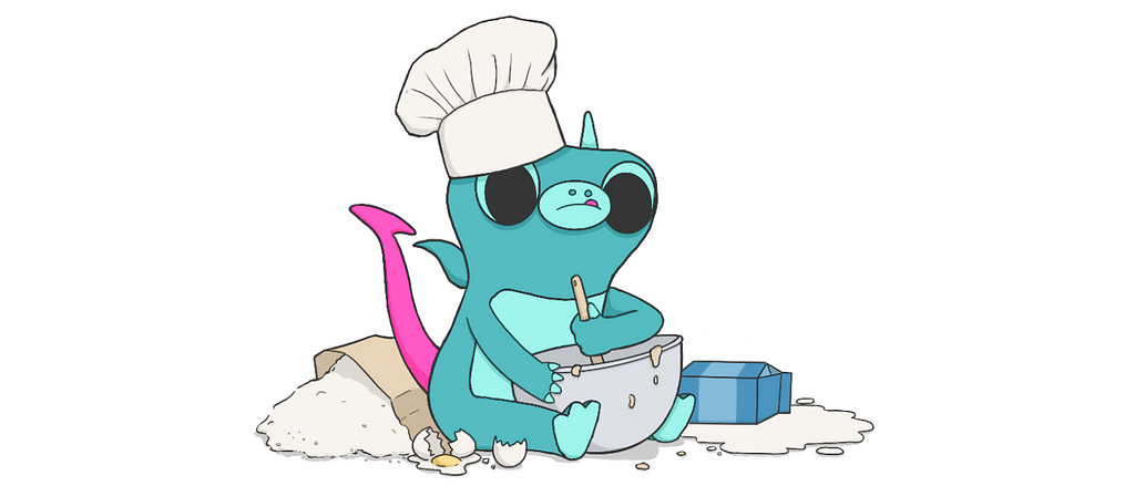 A drawing of Sparky, the boldstart mascot, wearing a chef’s hat and doing some baking. He is making a big mess — the floor is covered in spilled milk, flour, and broken eggs.