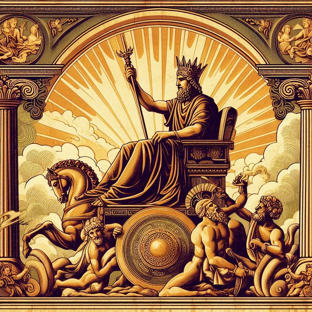 The image portrays a regal, classical scene reminiscent of ancient mythology or Roman art. At the center, a majestic figure wearing a crown and holding a scepter sits on an ornate throne, symbolizing authority and power. The throne is mounted on a chariot, which is supported by muscular figures, likely representing mythological beings or deities, who are either kneeling or standing by. Everything is in golden colors.