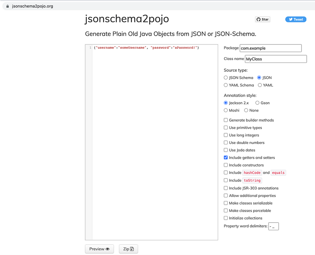 Json body pasted into the Jsonshema2Pojo tool.