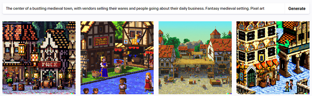 Screenshot of the DALL-E generation output for the following prompt: “The center of a bustling medieval town, with vendors selling their wares and people going about their daily business. Fantasy medieval setting. Pixel art”. It shows four distinct images of cities in fantasy medieval aesthetic, with its citizen with their clothes matching the setting. All the images are very colorful and have a detailed pixel art style just like some 1990’s videogames, with one of them having isometrical view.