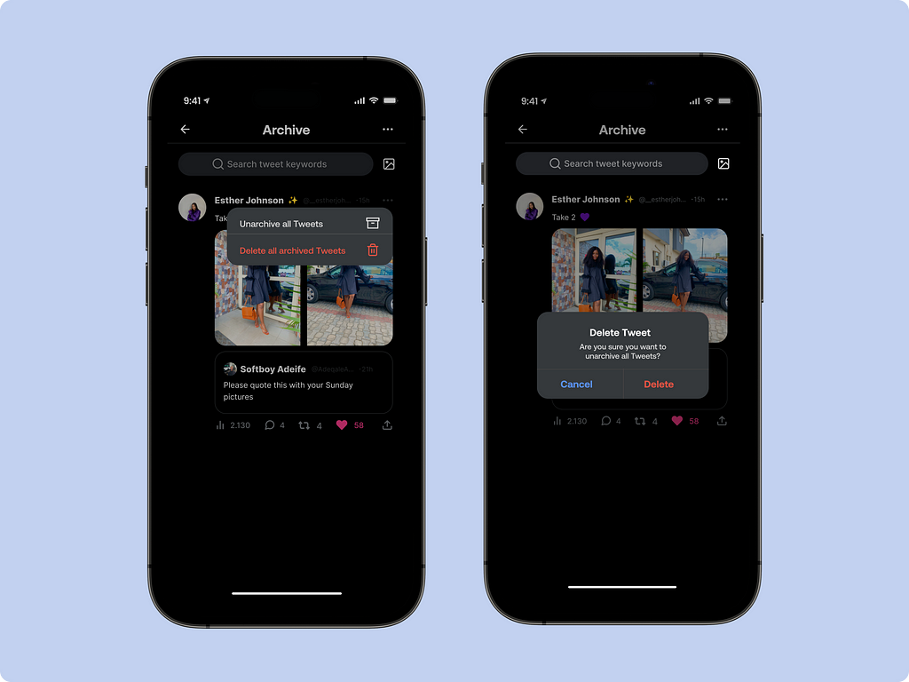 Filled archive screen displaying options to unarchive or delete all tweets, and confirming the delete tweet action